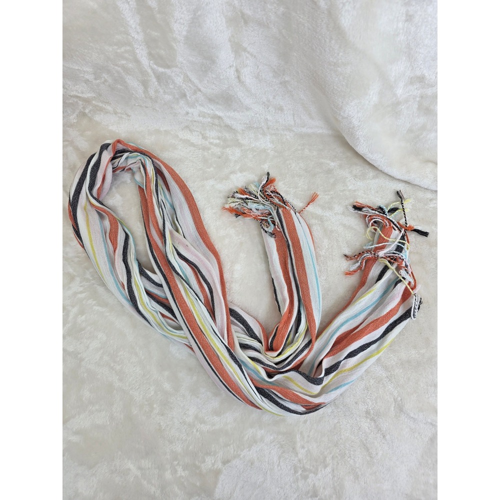 Multi Color Striped Lightweight Scarf with Fringed Tassel Ends Orange Black Blue